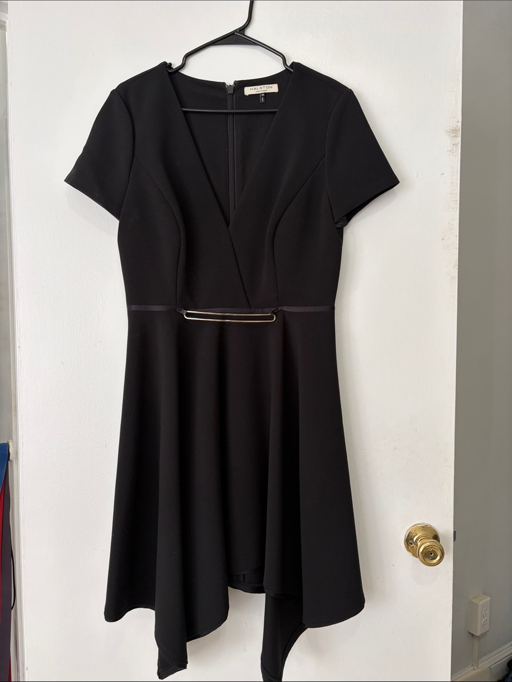 Halston Heritage Black High-Low V-Neck Fit-and-Flare Dress